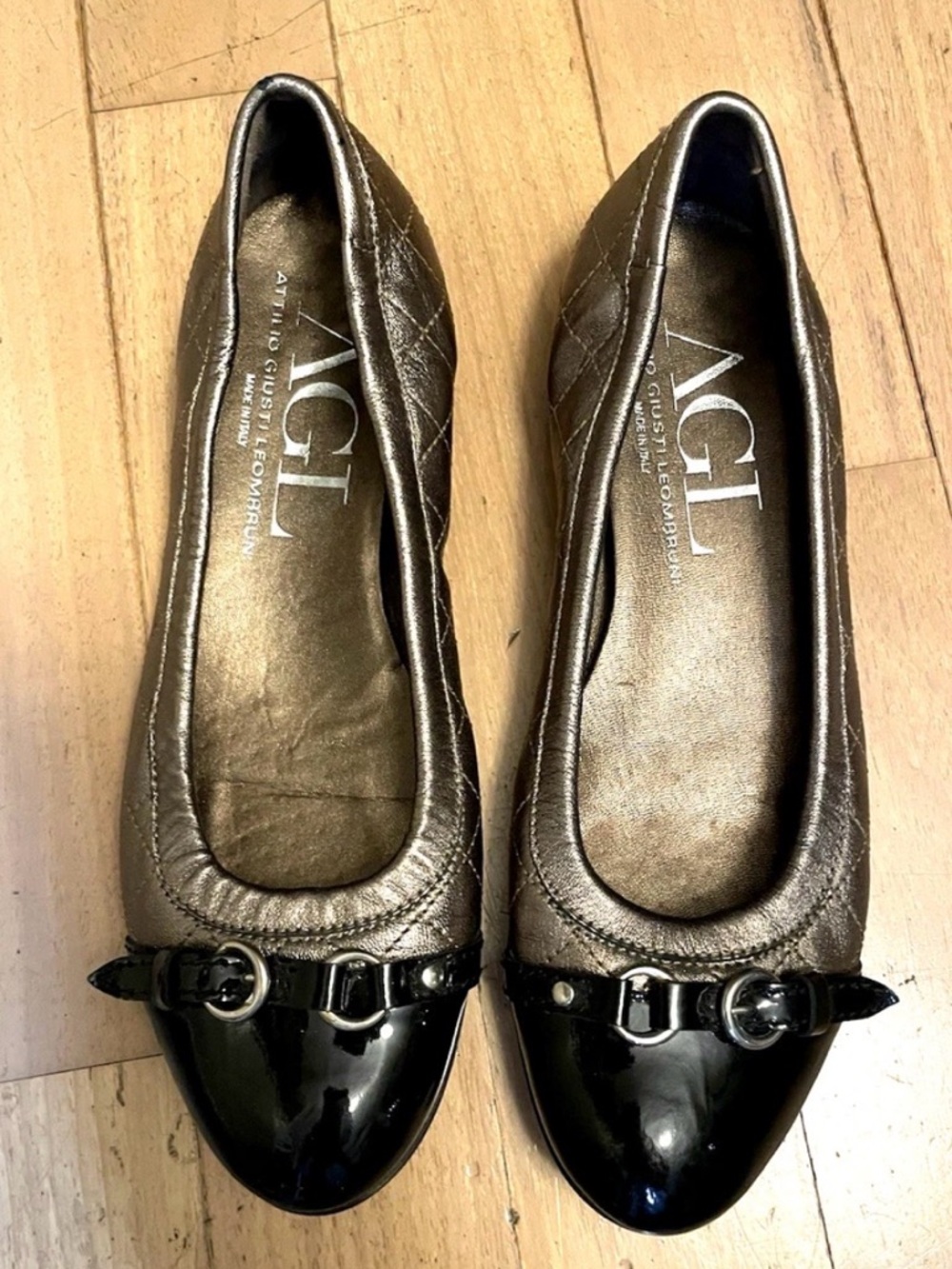 Attilio Giusti Leombruni AGL Bronze Leather Ballet Flats Black Patent Cap Size 9